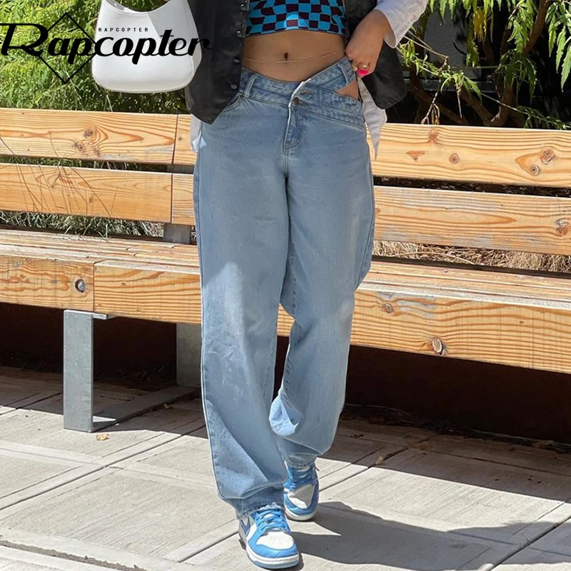 

Асимметричные джинсы Rapcopter с вырезами, брюки на пуговицах с высокой талией, винтажные бриджи, спортивные брюки, женские повседневные джинсы