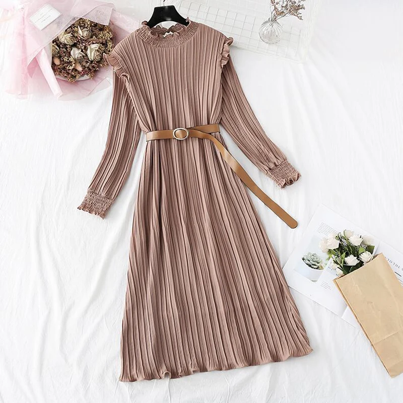 

Spring Women Dress 2020 Vintage Solid color Pleated Chiffon Dress Lotus leaf collar Long sleeve Loose Plus Size Dresses Vestidos