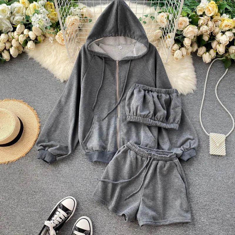 

Autumn Casual Three Piece Set Sport Elegant Hooded Zipper Sweatshirt + Strapless + Wide Leg Shorts Gray/Pink 3pcs Set Suit 2020