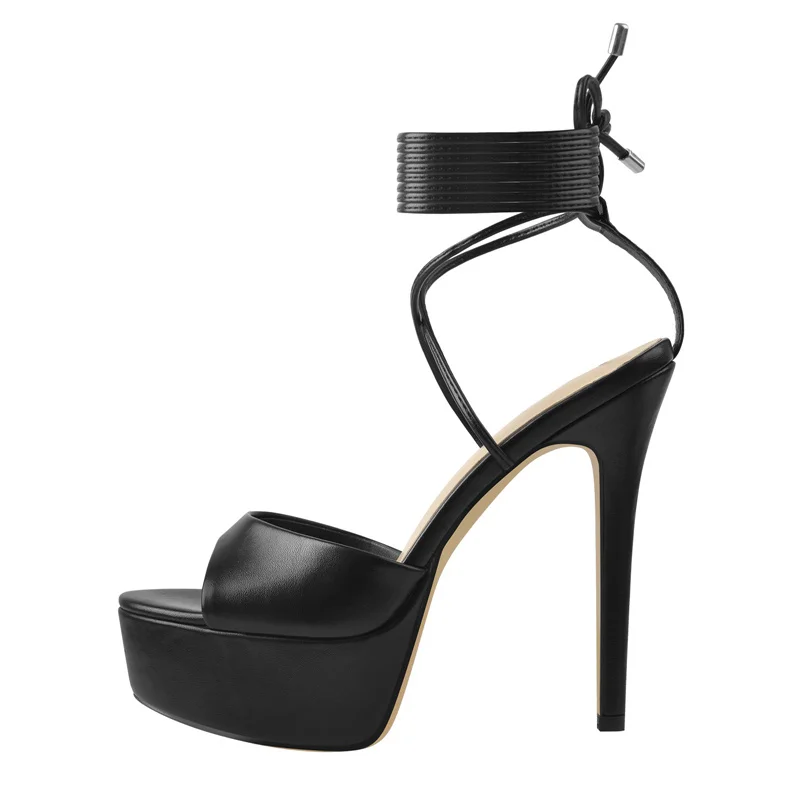 

Richealnana Women's Peep Toe Platform Sandals Black High Thin Heels Ankle-wrap Leather Shoes Big Size US5-15 Summer Mature Dress