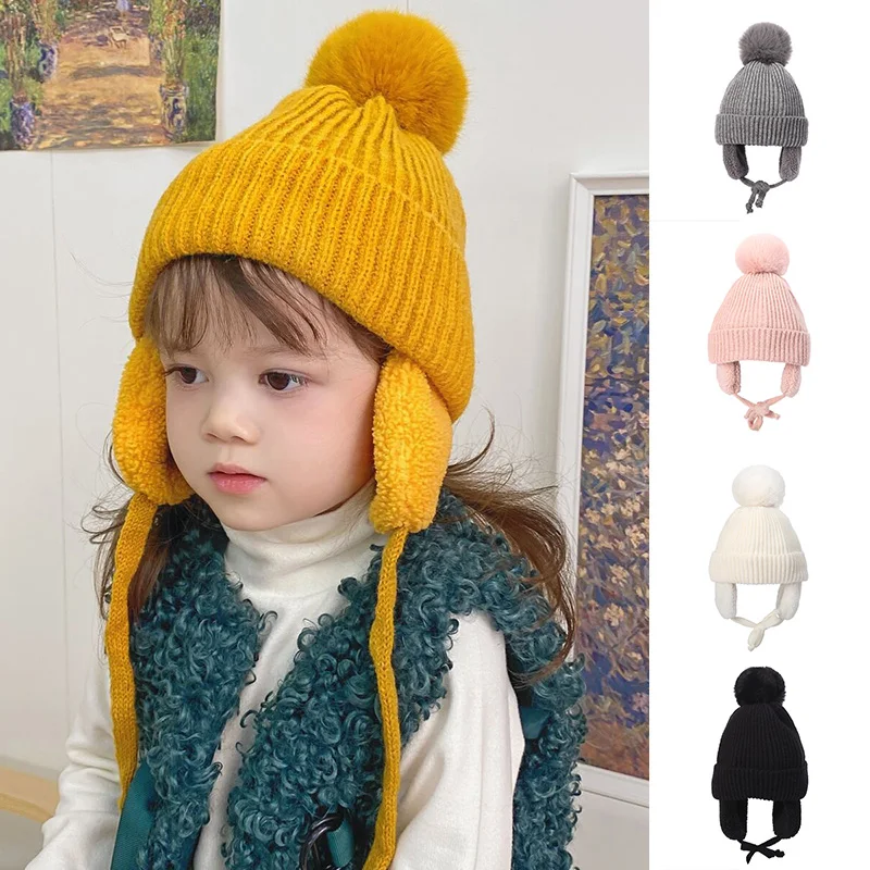 

Winter Kids Hat with Plush Ear Flap Knitting Thick Beanie Cap Rib Cuff Pom Lined Warm Hat Gift for Christmas New Year's B99