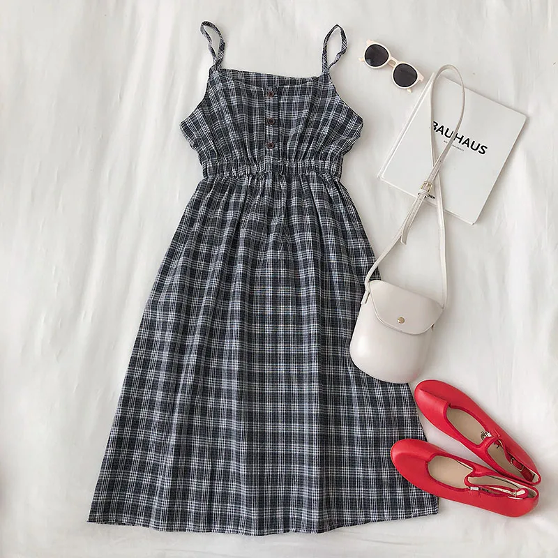 Платье в клетку для женщин платье трапециевидной формы с высокой талией милое