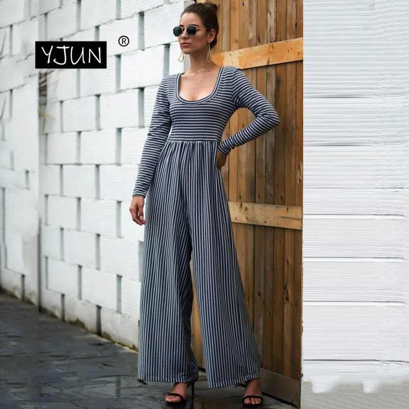 Женский комбинезон в полоску с принтом сексуальный осенний костюм длинным