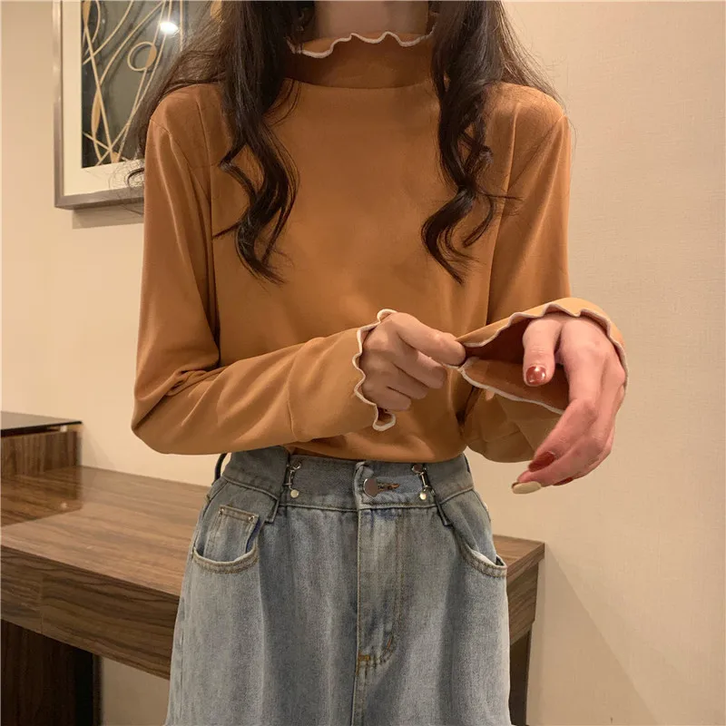

T Shirt For Women Long Sleeve Turtlenck Loose Casual Tops Female Edible Tree Fungus Solid Basic Simple Spring New Tee T-Shirt