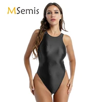 womens stretchy tights leotard swimwear solid color glossy one piece swimsuit ladies cutout back bodysuit beach swimming suit