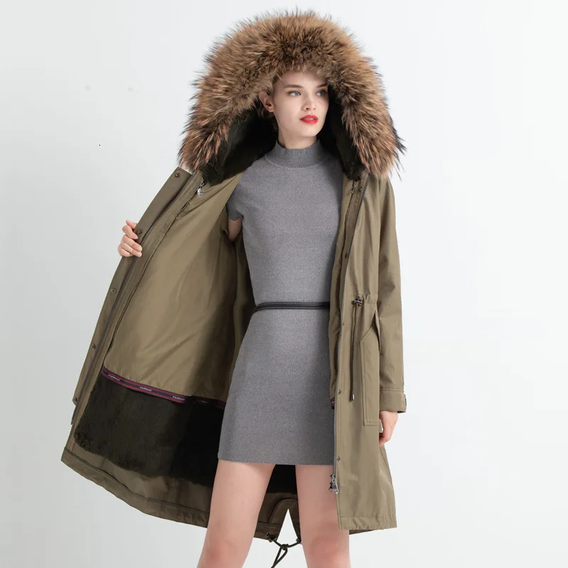

Women Winter Jacket Long Parka Real Big Raccon Fur Collar Hooded Coat Natural Rabbit Lined Inside Ladies Warm Outwear Clothing
