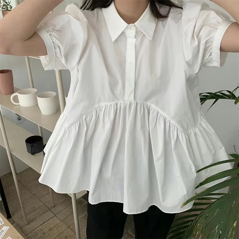 

Summer Pleated Blouses Y2k Women Korean White Blusas Short Sleeve Loose Temperament Blouse 2021 Korean Fashion Shirt Tops