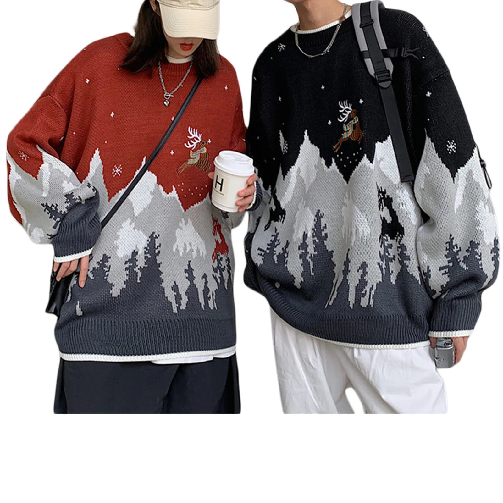 

2021 Fashion Autumn Unisex Sweater Christmas Snowflake Elk Print Contrast Color Knitted Warm Long-sleeved Loose Sweater