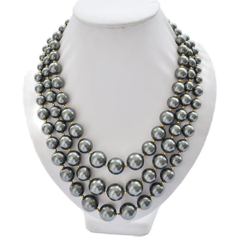 

P5022 3Row 20 "16mm Black Round SOUTH SEA SHELL PEARL ожерелье с башней