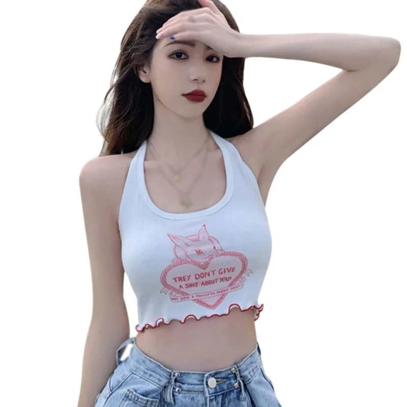 

Women's Summer Japanese Print Halter Sexy Slim Exposed Navel Knitted Camisole Tank Top Female Crop Top Ladies Shirt