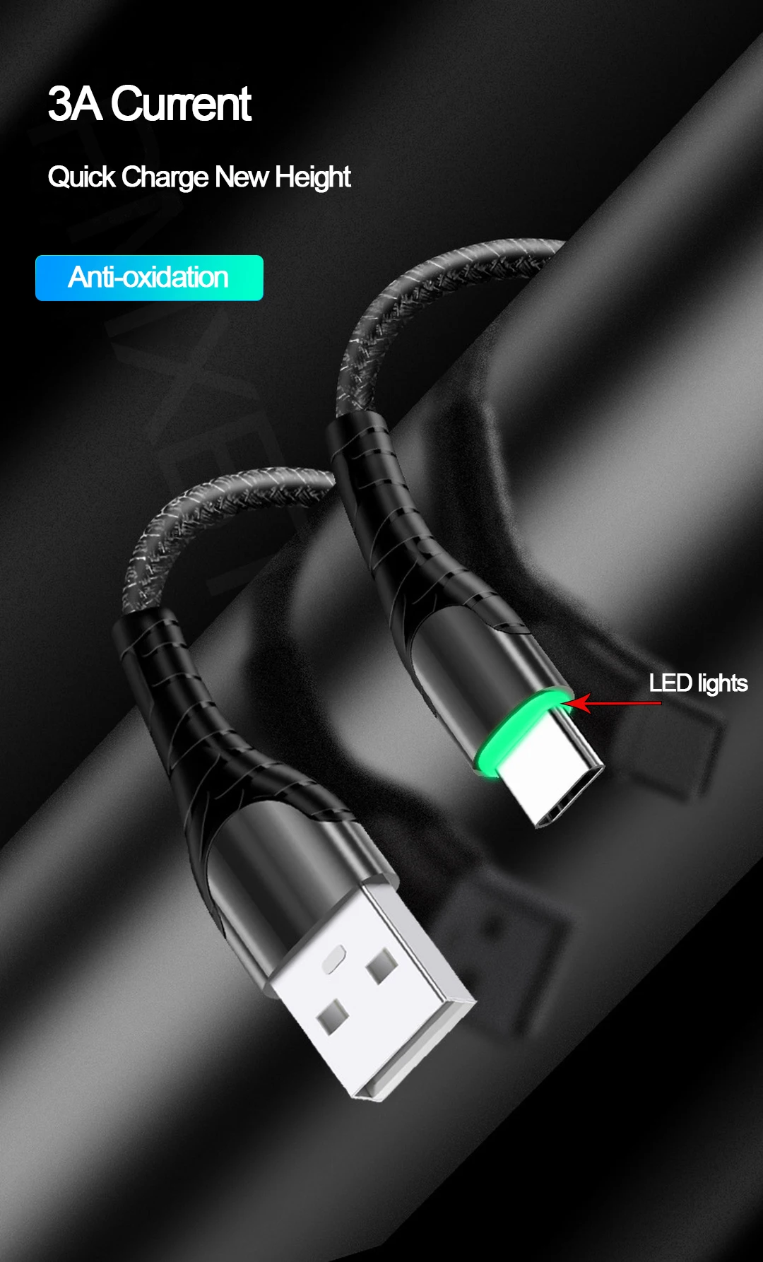 3,0 USB кабель, светодиодный, с нейлоновой оплеткой, 3 А, быстрая зарядка для iPhone 11, samsung, huawei, мобильного телефона, Micro usb type C, 1 м, провод для быстрой зарядки