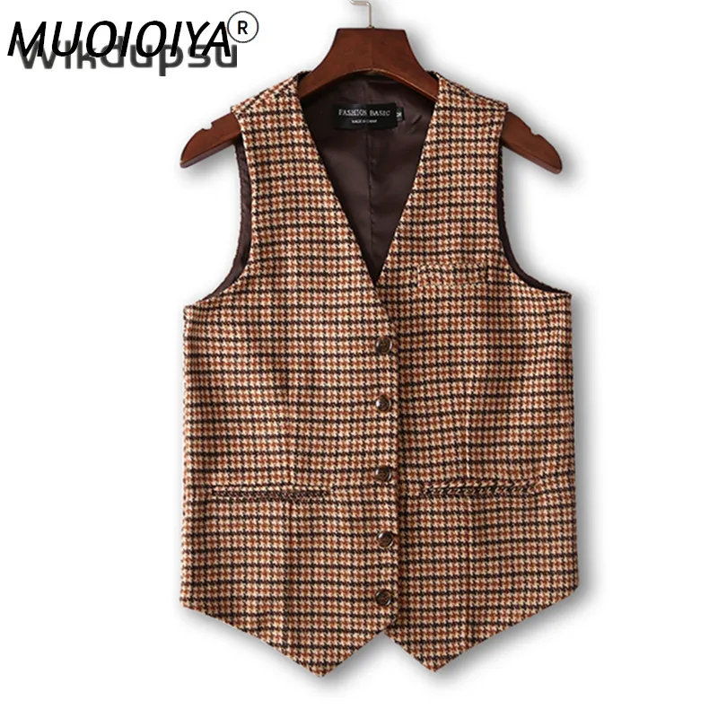 

Модный осенне-зимний жилет без рукавов для женщин шерстяной твидовый клетчатый облегающий жилет с рисунком «гусиные лапки» Женская модная ...