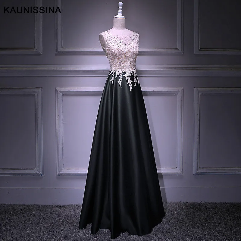 Long Black KAUNISSINA, женское вечернее платье для церемонии, длинное платье, круглый вырез, кружево, атлас, бисер, длина до пола, платье для выпускного вечера, настоящая фотография, Vestido - Цвет: Long Black