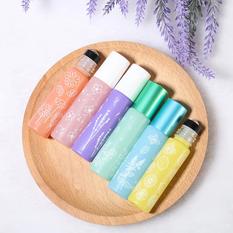 10ml Portable Frosted Colorful Essential Oil Perfume Thick Glass Roller Bottles Travel Refillable Rollerball Bottle