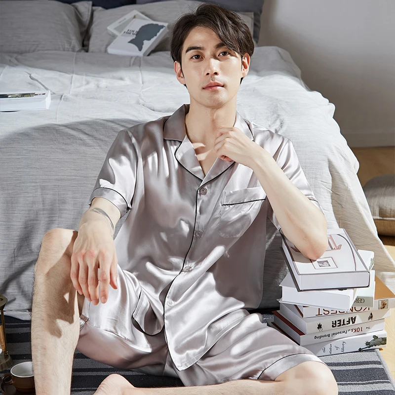 Men's Summer 100% Silk Pajamas Sets Solid Lxury Pure Silk Pijamas Sleepwear Male Home Clothes Short-sleeve 2 Pcs Pyjamas Suit