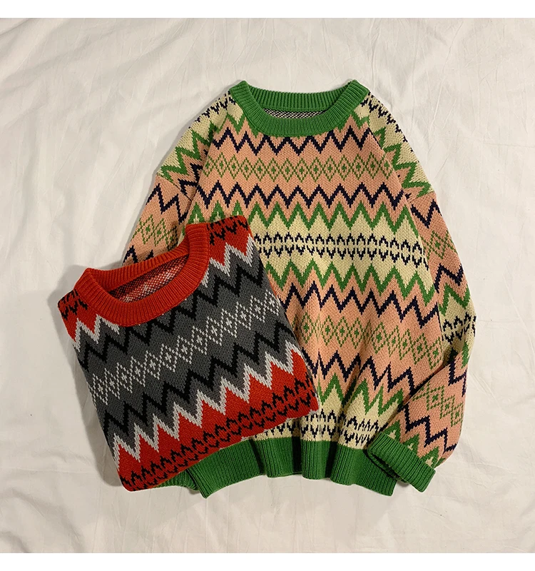 Sweater Men's Warm Fashion Contrast Color Casual Retro O-neck Knit Pullover Men Loose Knitting Sweaters Male Sweter Clothes