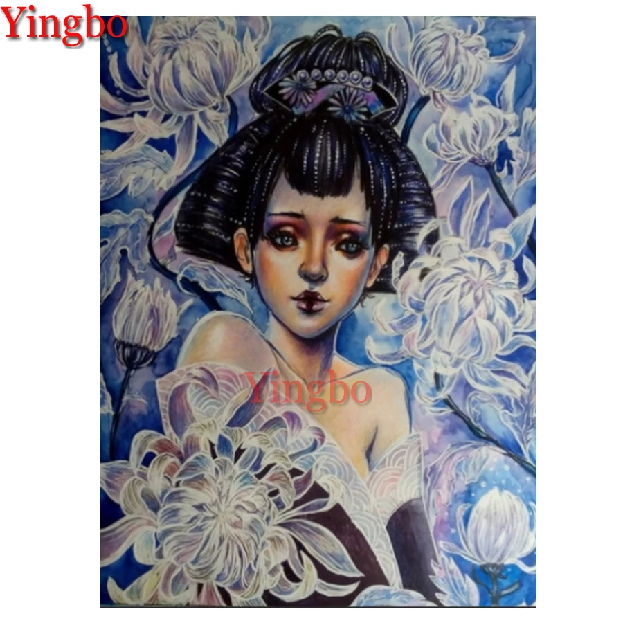 

Алмазная живопись 5D «сделай сам», полноразмерная круглая вышивка с квадратными стразами, японская гейша, женщина, цветок, вышивка крестиком...