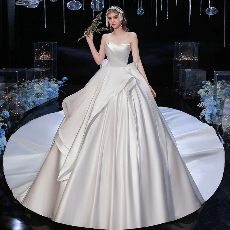 

Роскошное атласное свадебное платье без бретелек с шлейфом, свадебное платье на завязках, платье принцессы, 2021