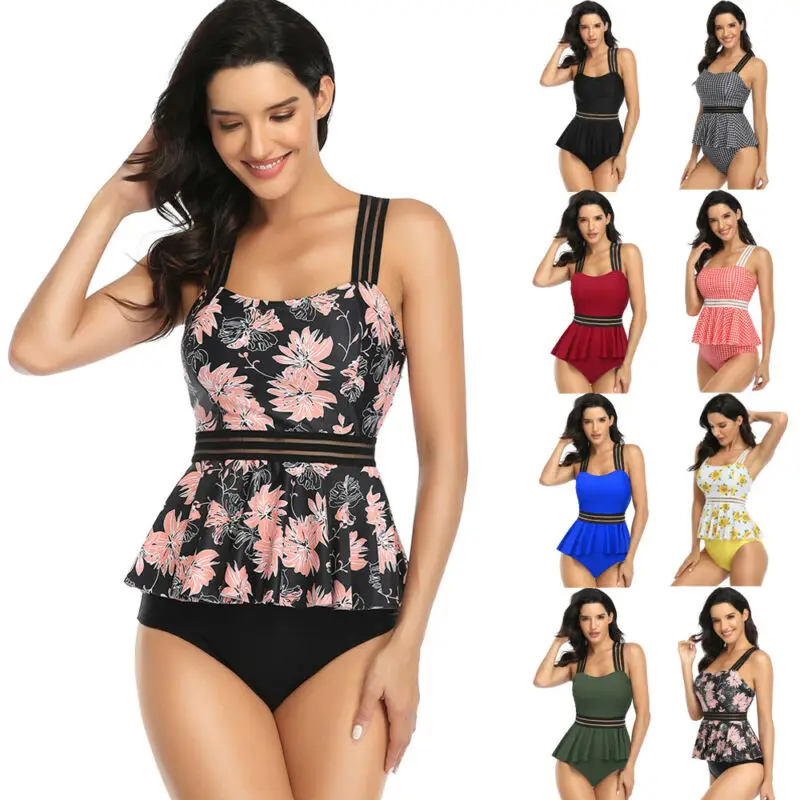 

Womens Padded Tankini Push-up Swimsuit Bathing Plaid Floral 2Pcs Split Swimsuit Ribbon Skirt Beach Swimwear