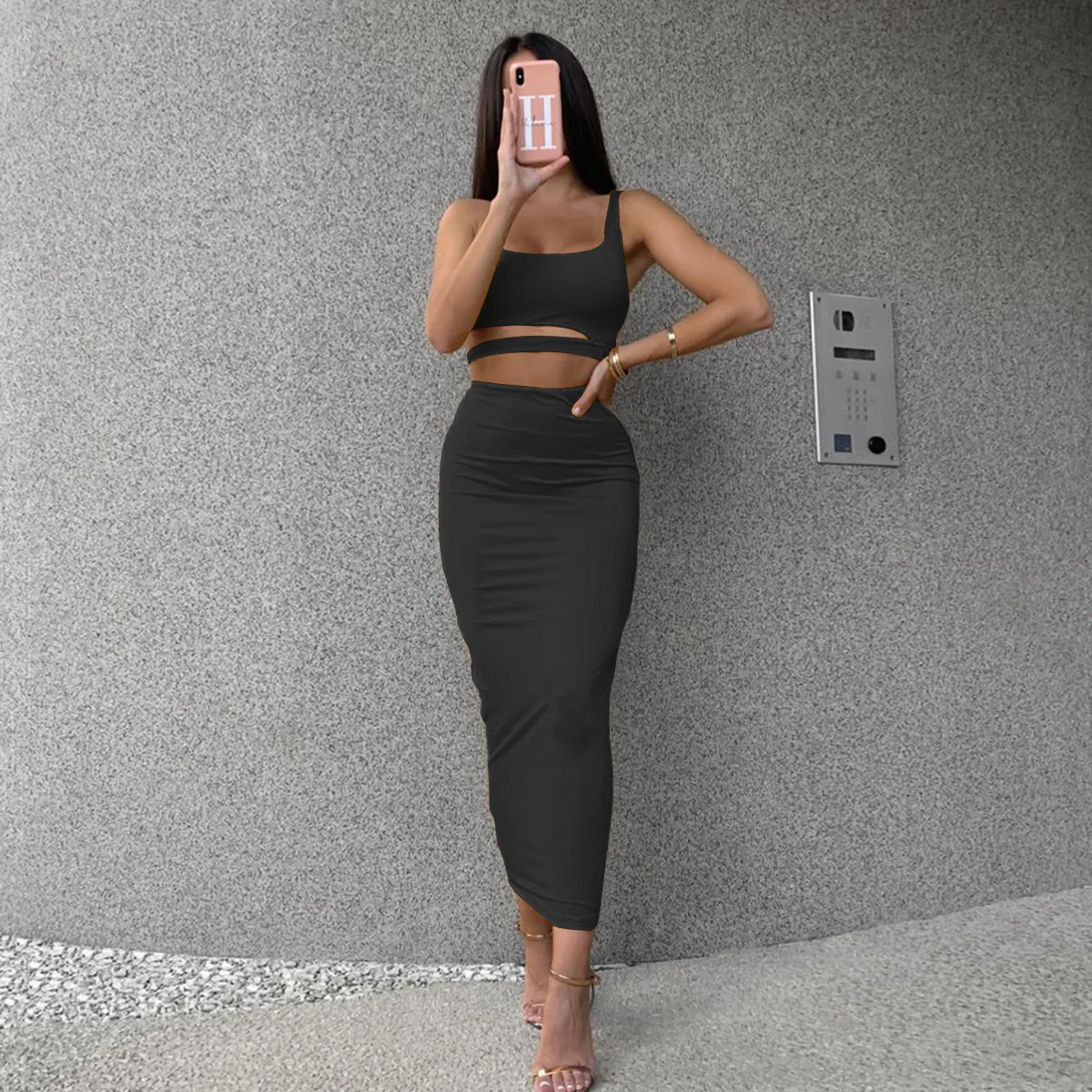 

Sexy Women 2Pcs Sets Summer Sleeveless Hollow Out Crop Top + Long Skirt Two Piece Set Club Party Streetwear