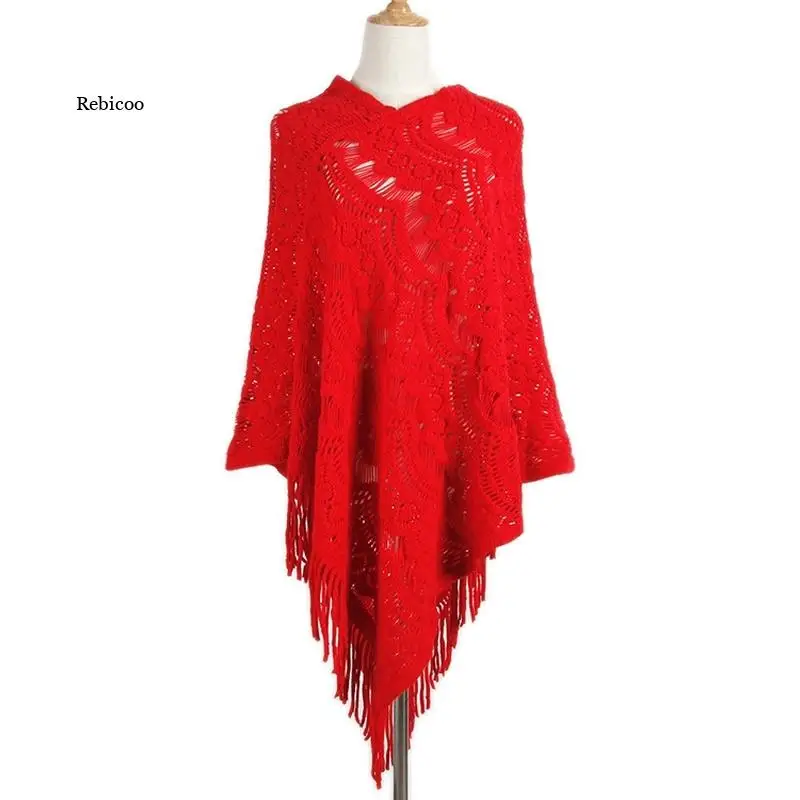 Женский пуловер средней длины с асимметричной кисточкой вязаный крючком свитер