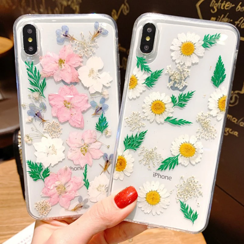 

Green Leaf Pink Flower Transparent Phone Case For iPhone 11 Pro XS Max 6 6S 7 8 Plus X XR Clear Real Dried Pressed Flower Cover