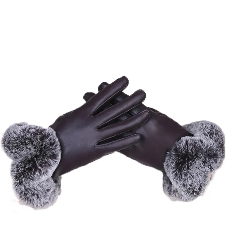Женские Водонепроницаемые перчатки из ПУ кожи с искусственным кроличьим