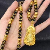 hi unisex 24k gold guangying pendant necklace for female party jewelry with beads chain birthday gift long no fade