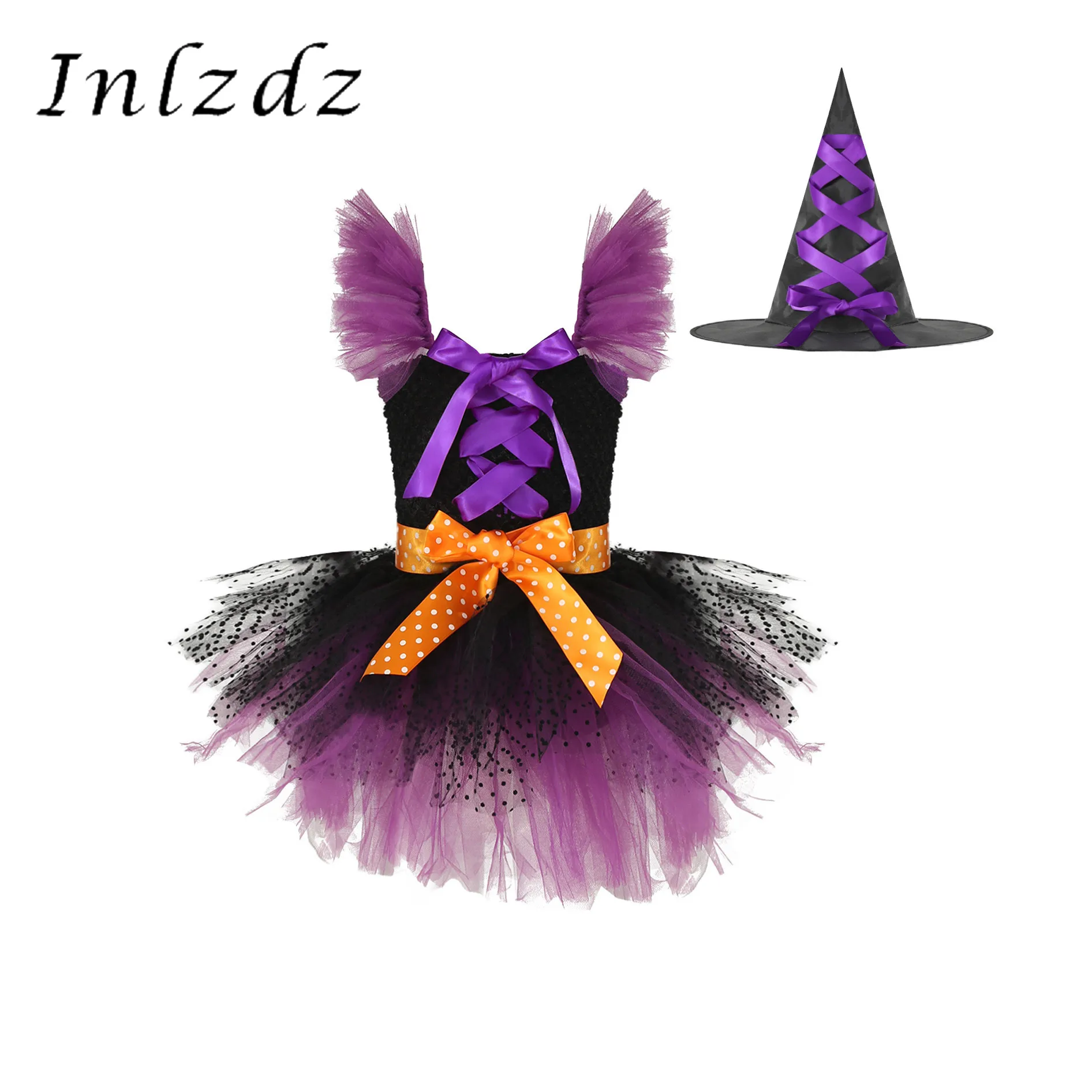 

2Pcs Kids Girls Halloween Witch Cosplay Costume Straps Lace Up Purple Stretchy Bodice Mesh Tutu Belt Dress with Pointed Hat Set