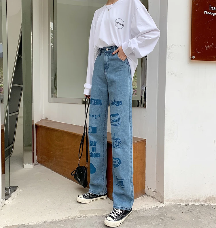 

2021 spring autumn preppy style loose women denim Pants Casual letter high waist jeans for women wide leg pants female (F9011)