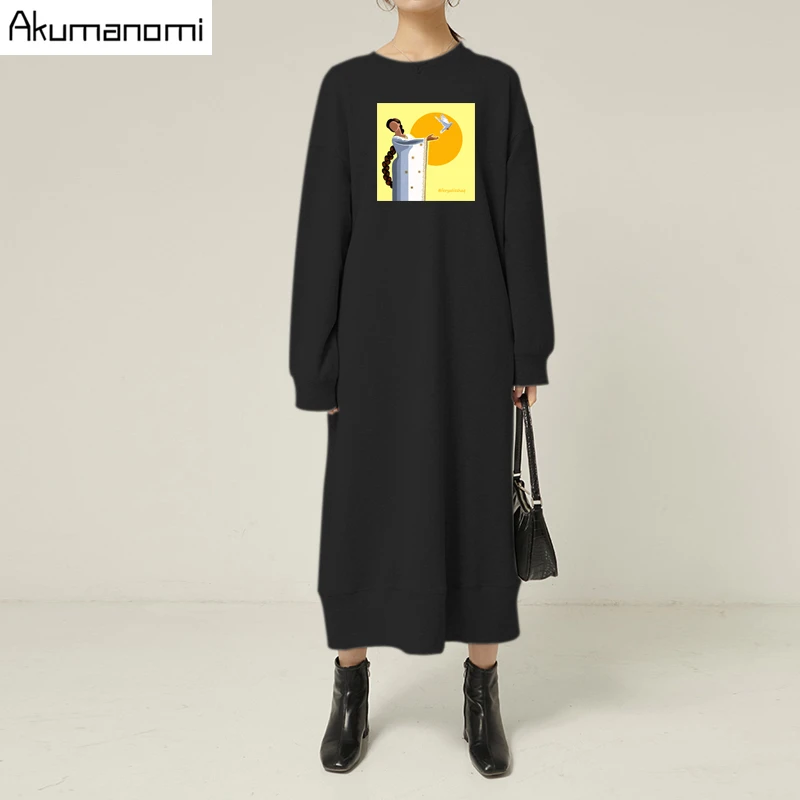 Платье женское длинное в стиле Харадзюку повседневное черное платье свободного