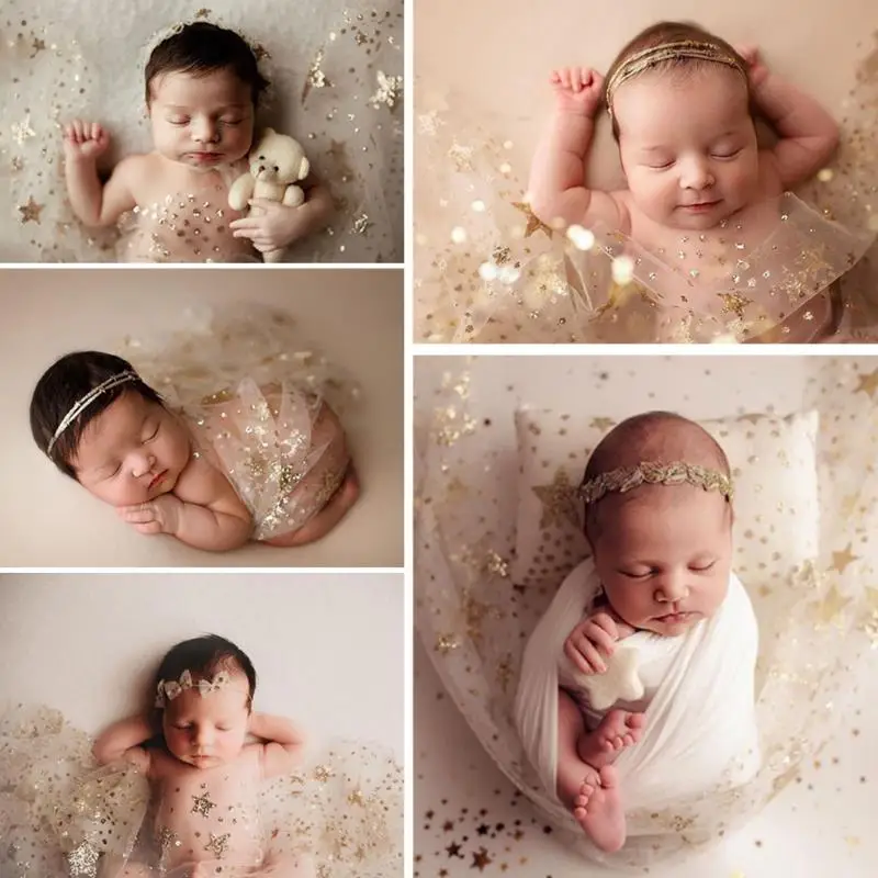 

Newborn Photography Props Transparent Mesh Yarn Blanket Baby Starry Swaddling Wrap Infant Photo muslin gauze Tulle Background