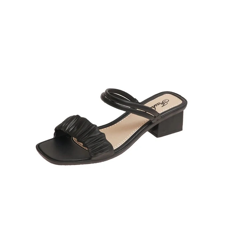 

Summer Casual Women Outdoor Slippers Solid Leather Pleated Elastic Strap Square Heel Peep Toe Fashion Beach Slides Ladies Shoes