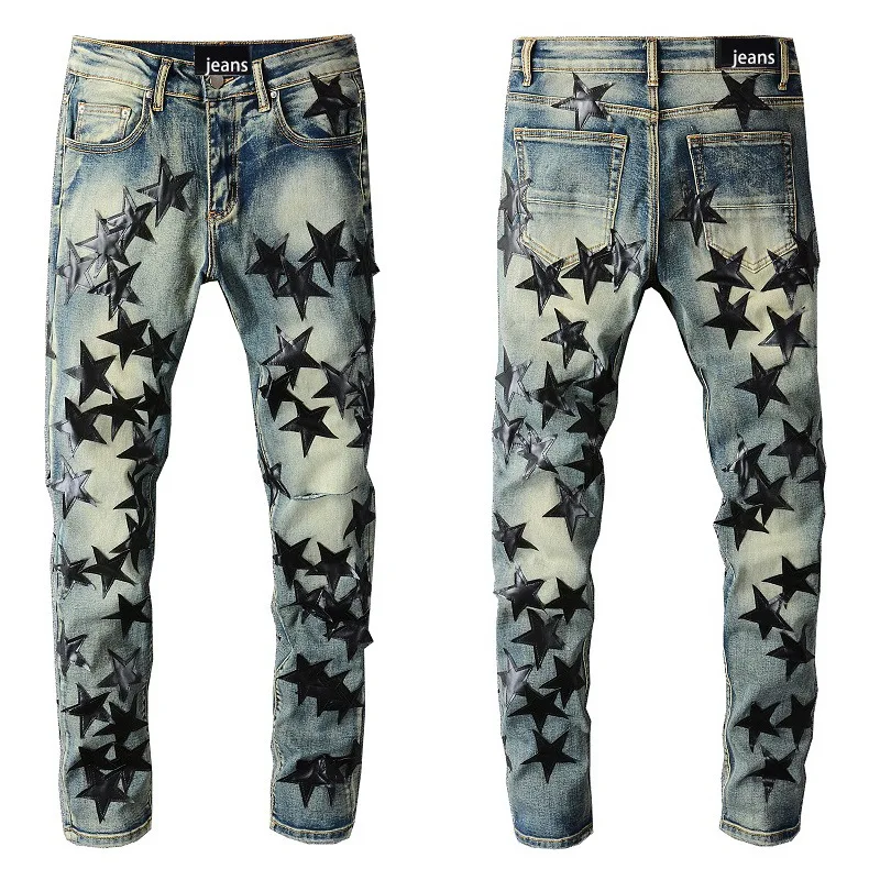 Fashion High Street Tide Brand Men's Indigo Casual Slim-Fit Black Patchwork Patch Five-Pointed Star Slim-Fit Small-Foot Jeans