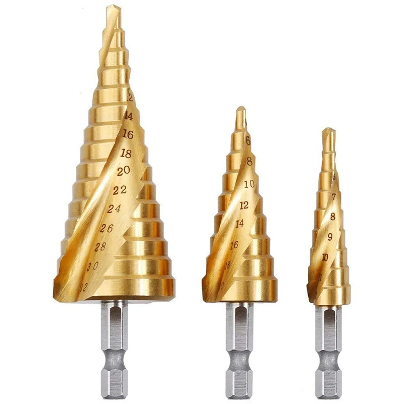 

3 Pieces Spiral Groove Step Drill Set Made of Stainless Steel Bit Holder Peeling Drill Taper Drill Metal Drill Bit Set