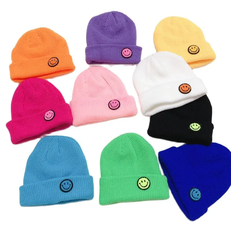 

Kids Girl winter Warm Elastic Knit Hat Outdoor Child boy baby Smile Embroidered Skullcap Melon hats Skullies Beanies Caps