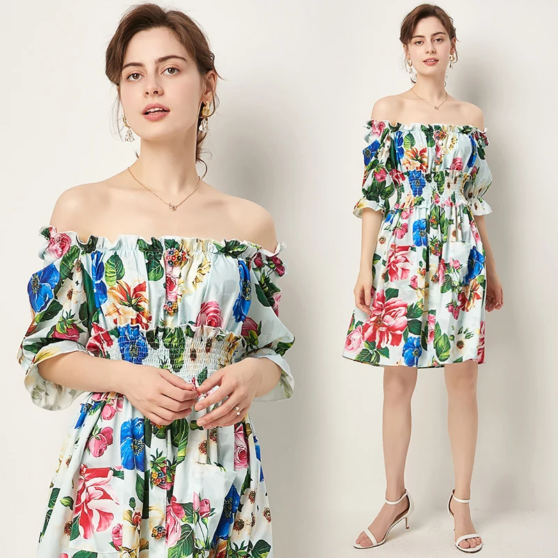 

New Elegant Dress Off Shoulder Bubble Sleeve Holiday Print Slash Neck Spring Autumn Dress Women Collect Waist Comfort Sexy Dress