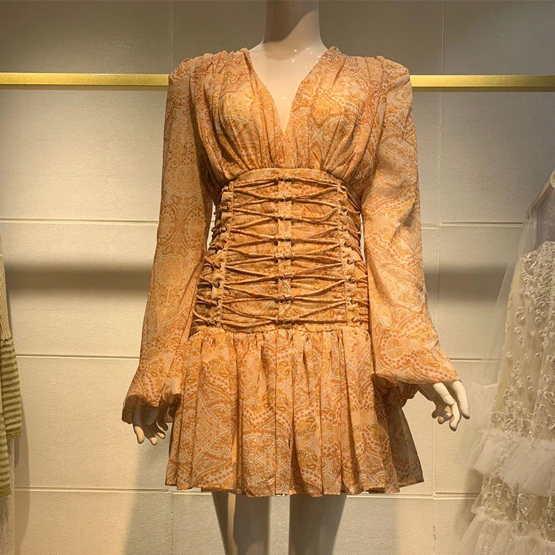 Платье корсет женское на шнуровке шифоновое платье туника с цветочным принтом