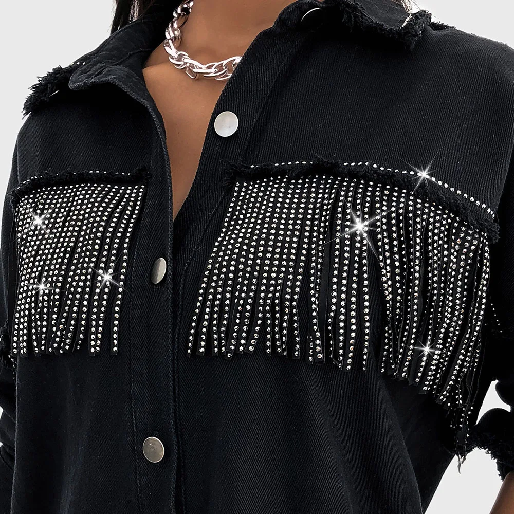 

Europe America Women's Solid Color Cowboy Blouse Single-breasted Lapel Tassel Sleeve Fashion Trend Design Casual Autumn 2021