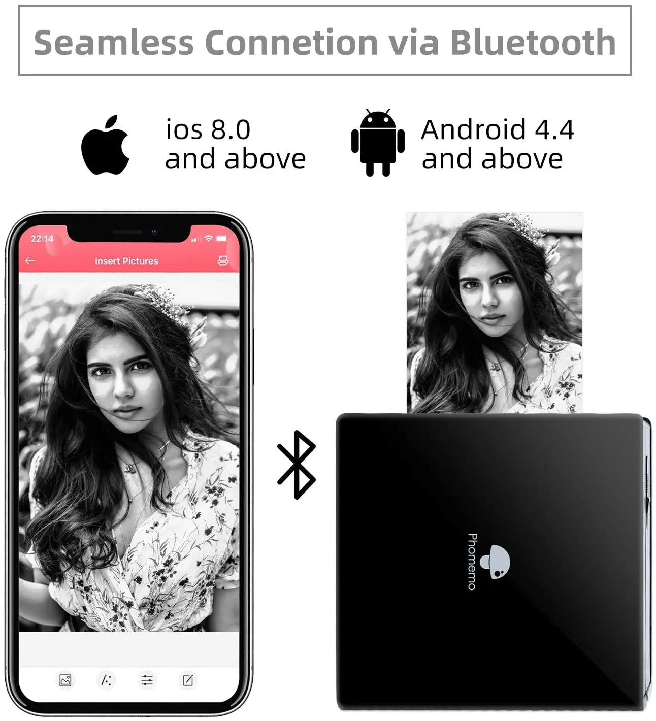 Мини принтер Phomemo M02 с Bluetooth термопринтер для фотосъемки 3 рулона прозрачная