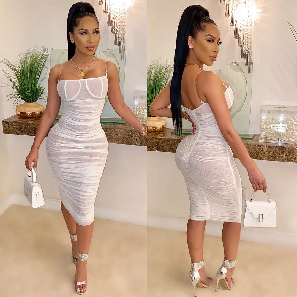 

Strap Sheer Mesh Midi Dress Ladies Elegant Party Night Club Outfits Bodycon Vintage Vestidos Fitness Pleated Sundress