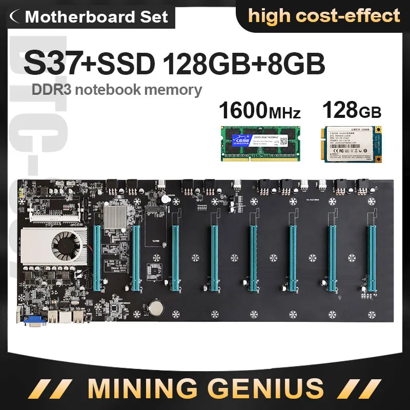 Verkauf Riserless Bergbau Motherboard BTC-S37 Etherum Bergbau CPU Set Mit 128GB MSATA SSD DDR3 8GB 1600MHZ RAM SET