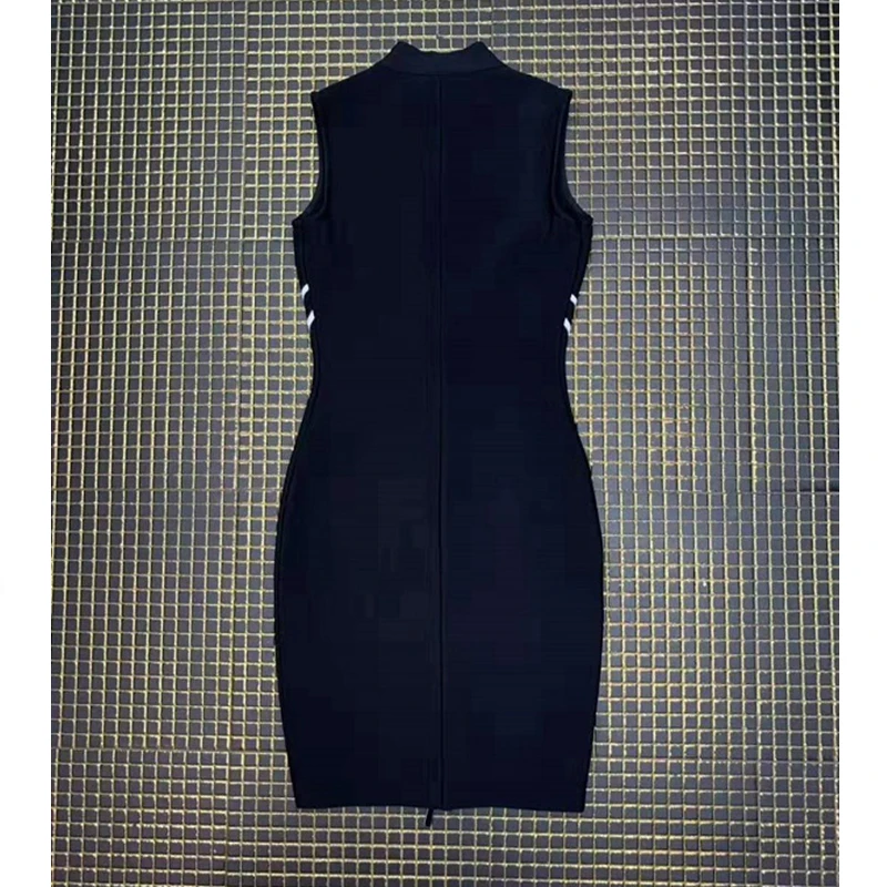 

2019 Pencil Bandage Dress Black Zippers Striped Dresses Wholesale Sexy Black Patchwork V Neck Women Sleeveless Bodycon vestido
