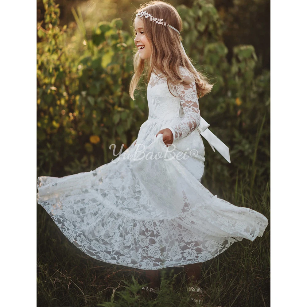 

2-12 Year Lace Girls Dress 2021 New White/Beige Toddler Long Sleeve Flower Boho Clothes Baby Kids Princess Wedding Prom Party