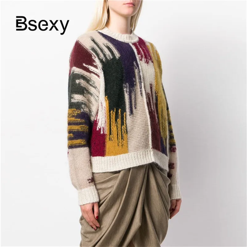 

Autumn Women's 2021 Fashion Round Neck Color Block KNitted Pullover Winter Christmas Sweater Jumper