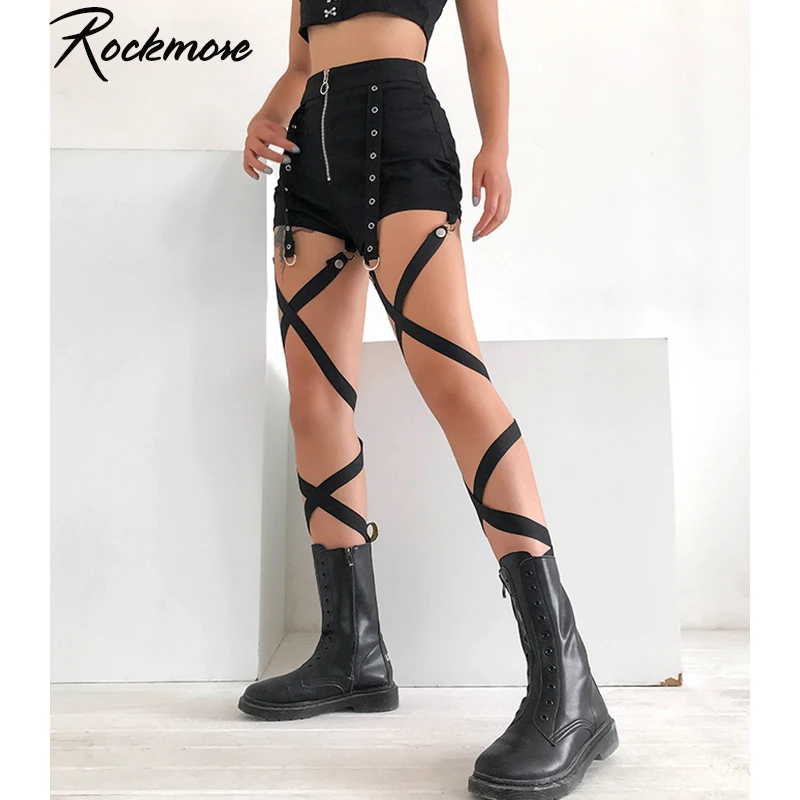 Rockmore Black Pockets Harajuku Zipper Mini Shorts Women Bodycon Gothic Short Pants Korean Style Female Casual Shorts Streetwear