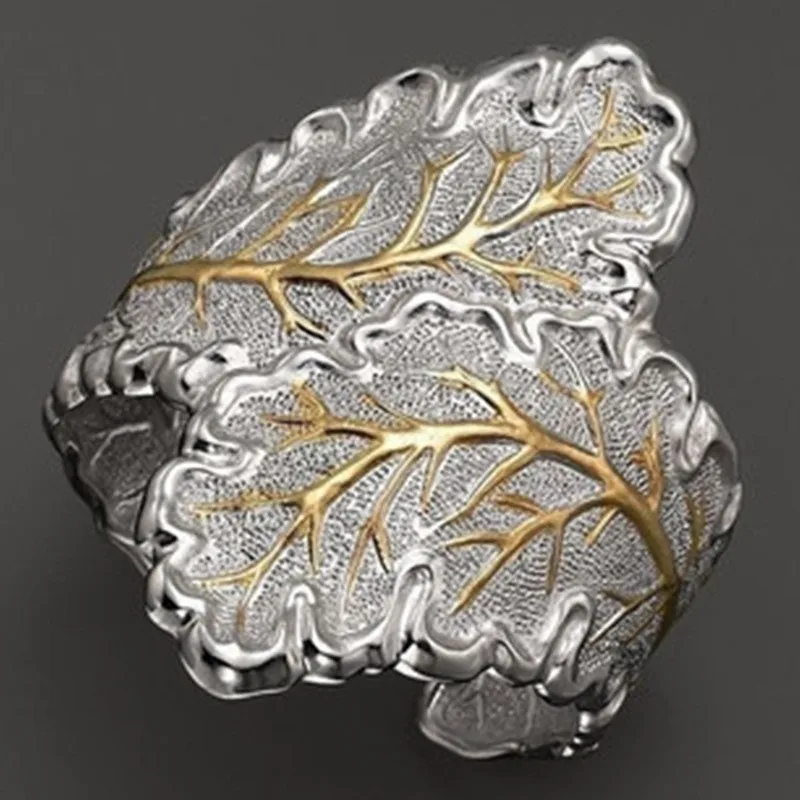 

Hot Sale Golden Silver Color Big Realistic Texture Leaves Shaped Finger Ring for Women Female Party Jewelry Size 6-10