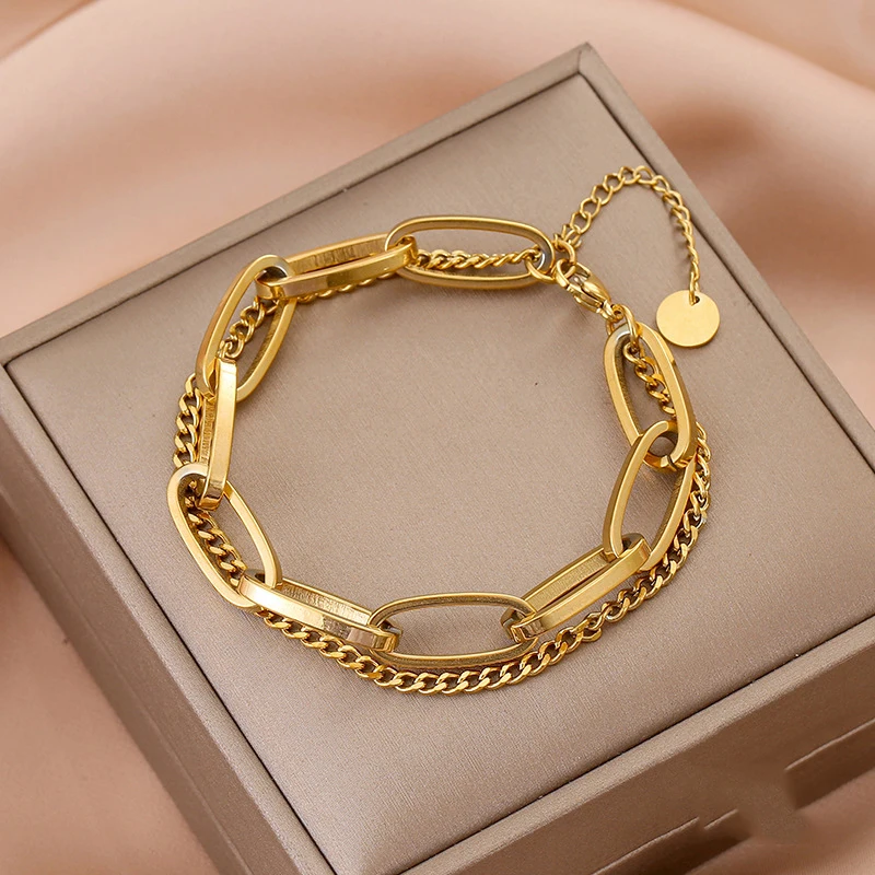 

Vintage Double Layered Chain Bracelet Anklet For Women Gold Stainless Steel Long Thick Bracelet Femme 17CM Length Hand Jewelry