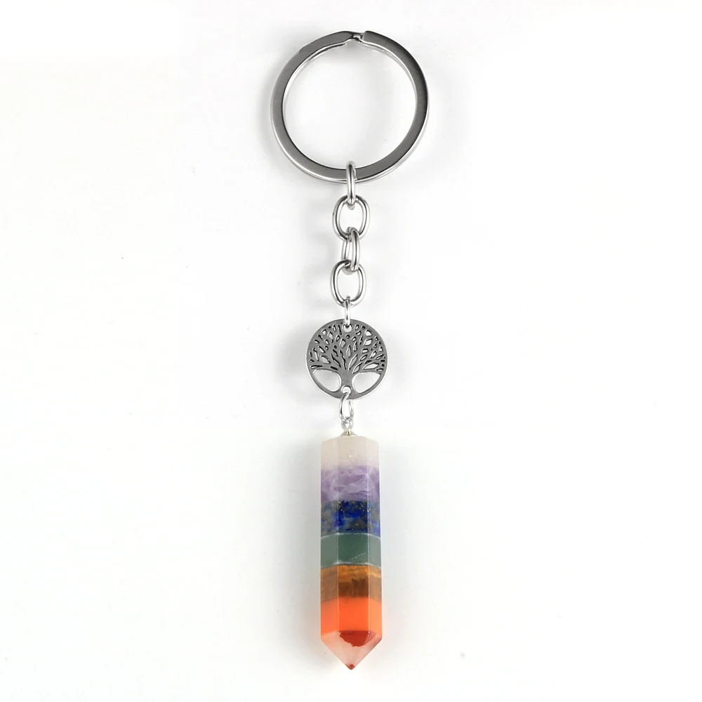 

Natural Stone 7 Chakras Quartz Hexagonal Cone Keychain Arrow Tree of Life Buddha Keyring Key Chain Healing Reiki Yoga Jewelry