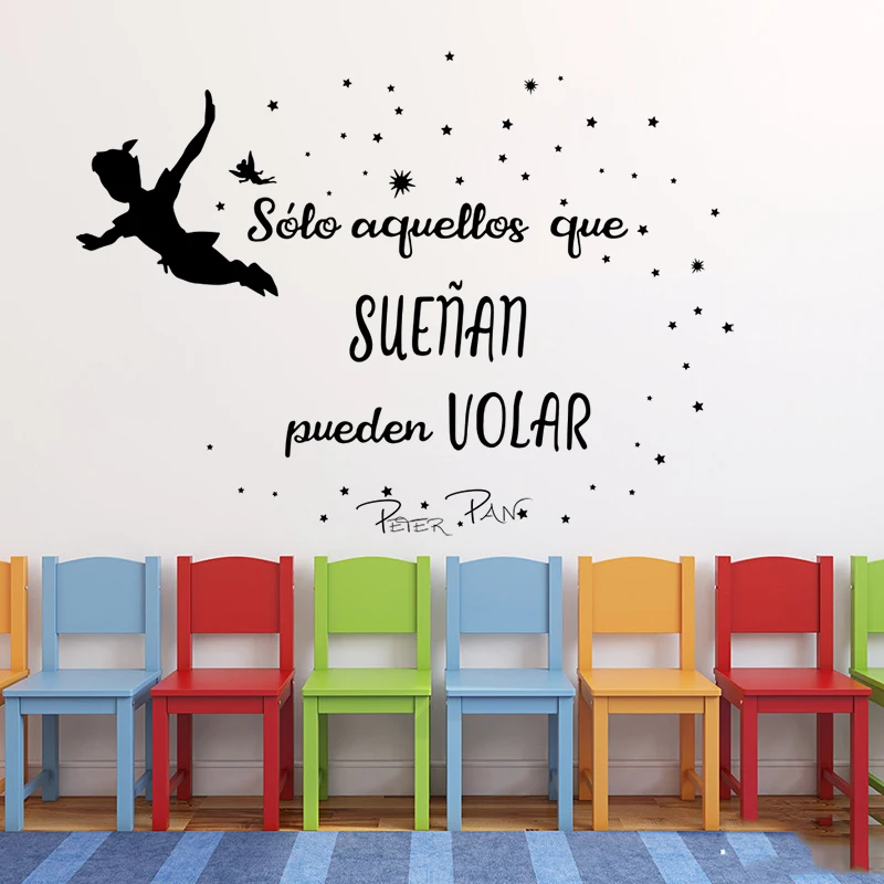 

Cartoon Spanish Peter Pan Star Vinyl Decal Wall Sticker Baby Nursery Kids Room Dream Fly Inspirational Quote Playroom Decor